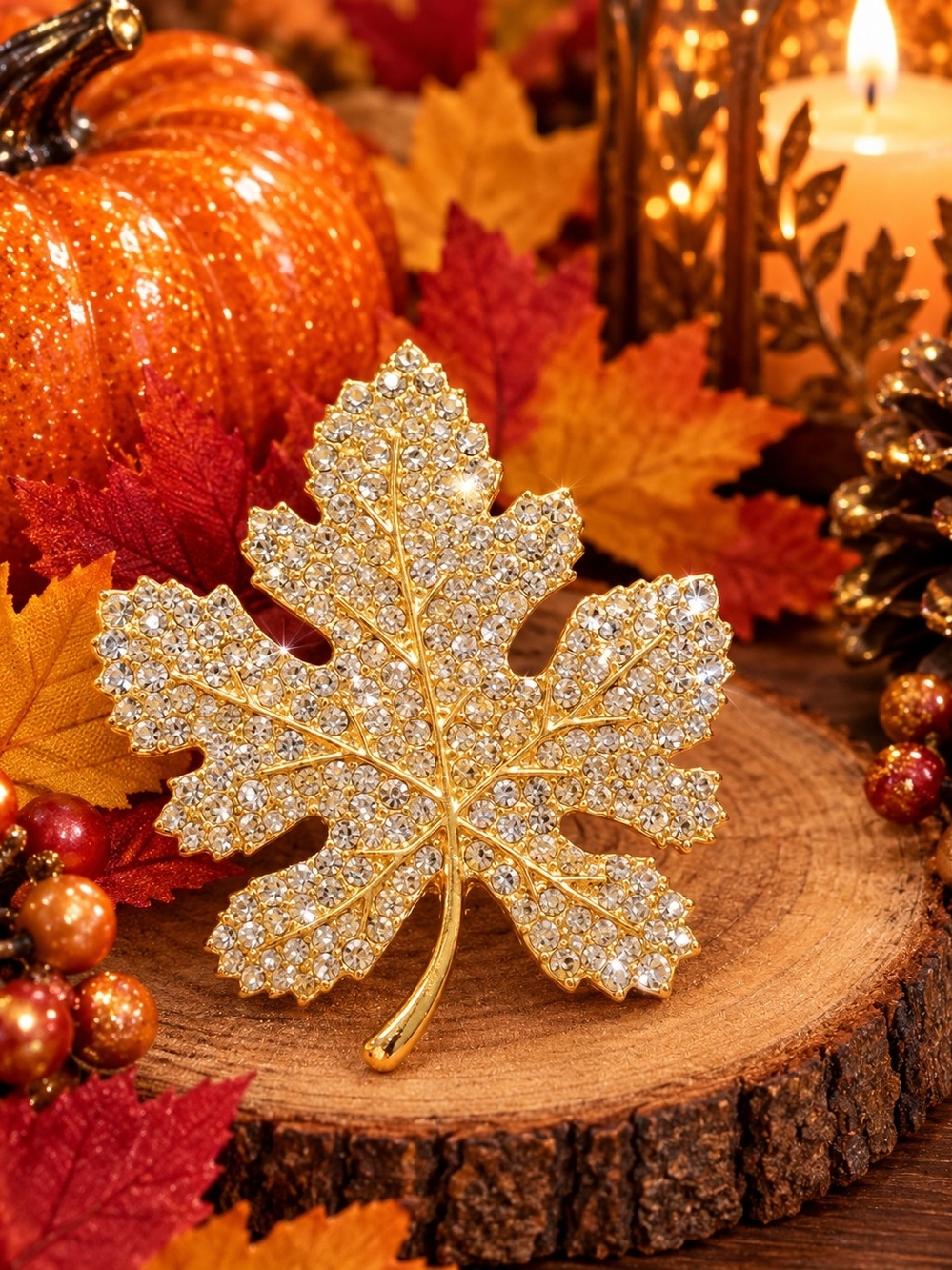 Gold Crystal Maple Leaf Accent Decor - Elegant Fall Table Ornament
